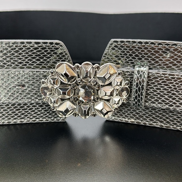 Vtg New York & Co Black/Silver Elastic Belt Bling Rhinestone Buckle L/XL - Picture 6 of 11